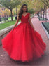 Red A Line Tulle Appliques Prom Dresses LBQ1391